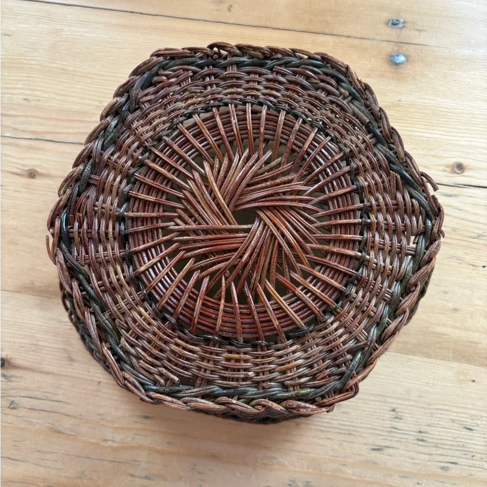 Vintage Woven Round Brown Basket with Patina